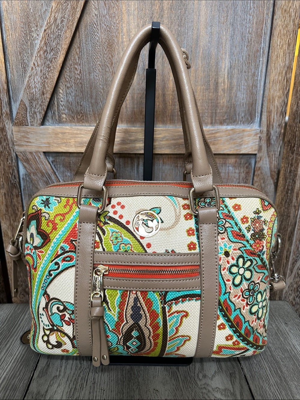 Spartina 449 Daufuskie Island Paisley Satchel Natural Linen & Genuine Leather